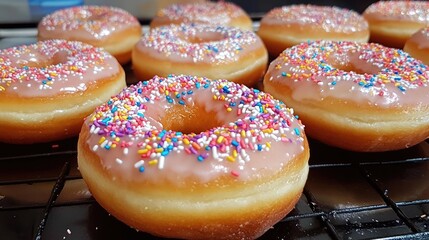 Delicious glazed doughnuts topped with colorful sprinkles on a cooling rack showcasing tempting bakery treats.