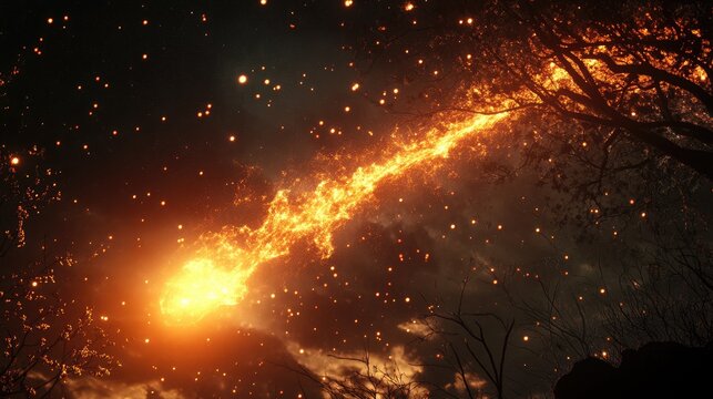 Fiery meteor streaking through the night sky surrounded by glowing particles and silhouetted trees creating a mystical atmosphere - Powered by Adobe
