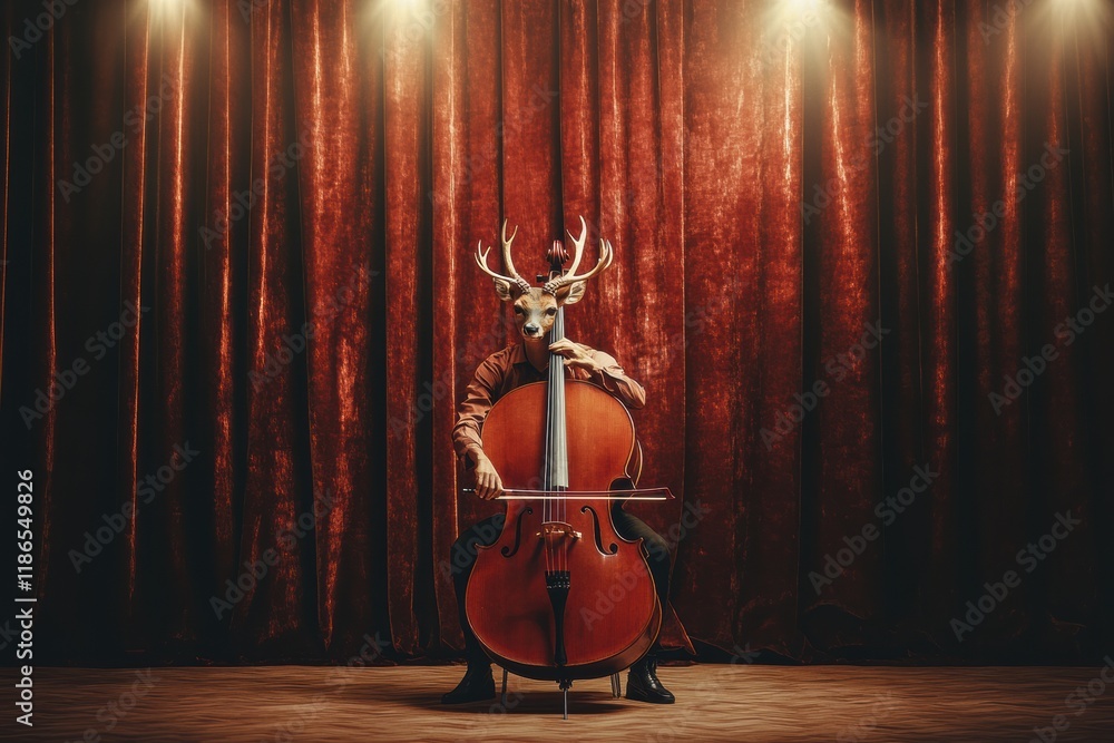 Poster deer masterfully playing a cello on stage in a grand theater with red curtains at dusk. generative a