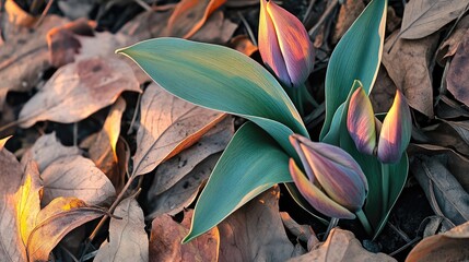 Tulip buds emerging through autumn leaves in a serene garden setting capturing the essence of spring and nature's resilience