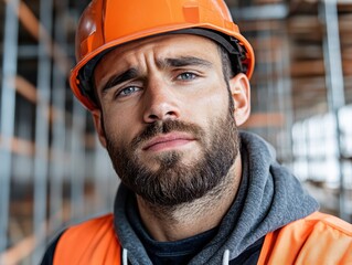 Portrait of a confident male construction worker in a hard hat at a site.