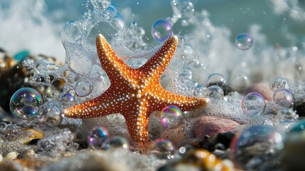 Starfish resting on a rocky beach surrounded by surf and bubbles creating a serene coastal atmosphere