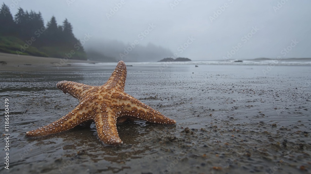 Aufkleber starfish resting on a sandy beach in misty weather with gentle waves in the background creating a se