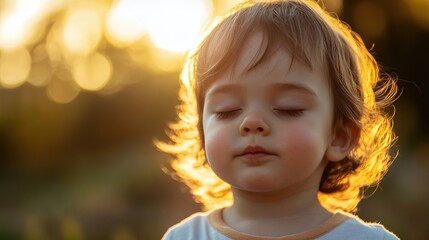 Toddler with closed eyes enjoying a serene moment against a softly blurred golden background during sunset tranquility