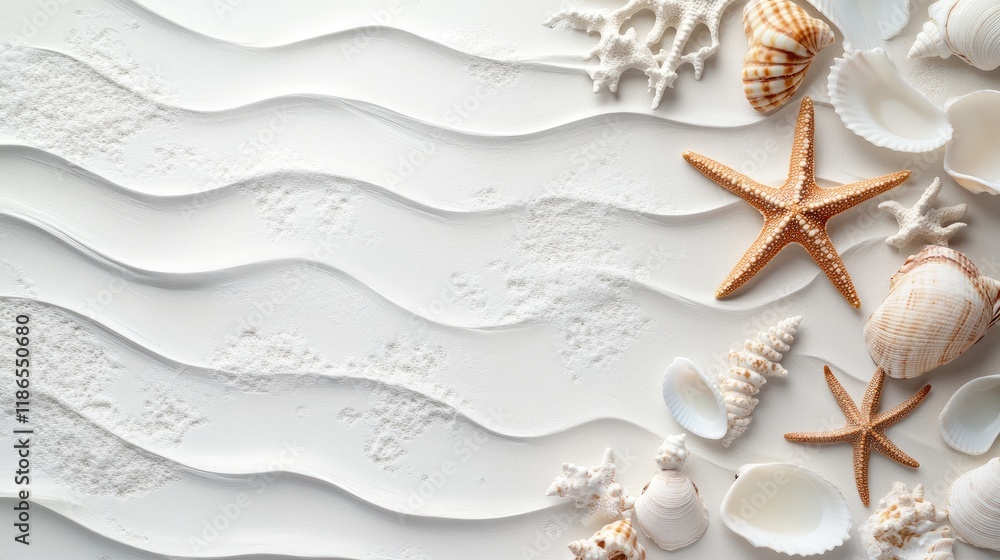 Poster seashells and starfish arranged on textured sand background with wave patterns ideal for beach theme