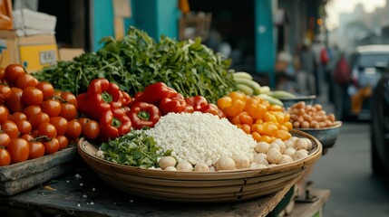 Fresh Organic Vegetables and Fruits Market Stall with Colorful Produce in Local Street Setting