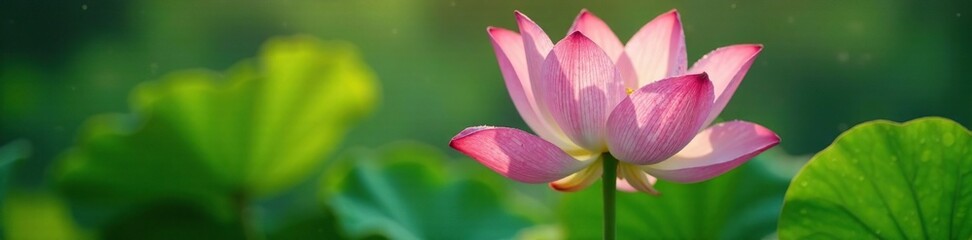 Fototapeta premium Gentle morning dew drops glisten on pink petals slowly unfolding delicate green stem, lotus, peaceful