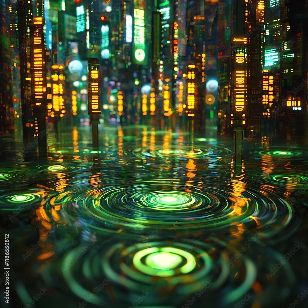 Poster cascading luminous ripples of color and motion through an otherworldly digital cityscape surreal abs