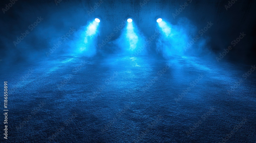 Aufkleber abstract blue light rays illuminating foggy dark space with spotlight on empty asphalt floor, creati