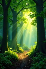 Light peeking through a leafy canopy illuminating the forest floor below, forest floor, filtering, shaded