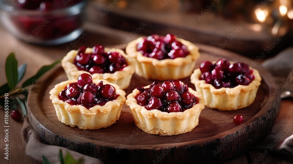 Poster delicious berry tartlets arranged on a rustic wooden table creating a warm and inviting dessert pres