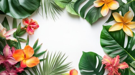 Tropical flowers and green leaves border arrangement on white background for nature and botanical themed designs