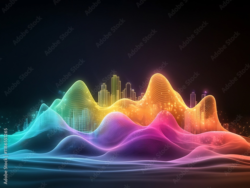 Poster mesmerizing chromatic digital metropolis with undulating waves of luminescent energy