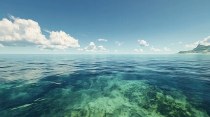 Serene clear ocean waters with a tranquil horizon under a blue sky and fluffy clouds creating a peaceful coastal landscape.