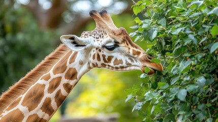 Obraz premium Giraffe Enjoying a Leafy Meal: A Close-Up of Nature's Gentle Giant