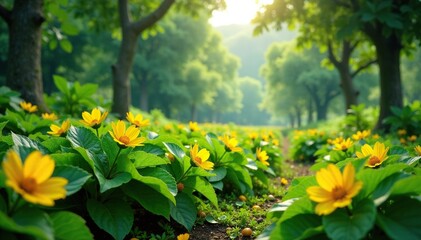 Fototapeta premium La planta del Mazapan verde llena de flores y ?rboles, hoja, mazap?n