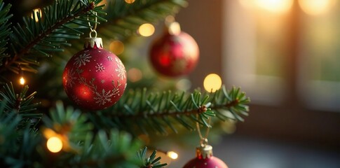 Fototapeta premium Ornaments and lights on a small, delicate Christmas tree, Bright, Sparkling, Holiday