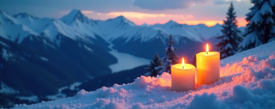 Lit candles on a snowy slope adding a touch of warmth to the frozen mountain scenery, peaceful, candles