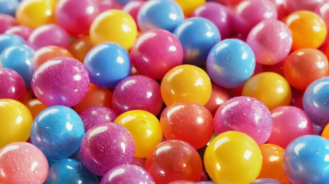Vibrant pile of colorful candy, balls. Multicolor glazed gumballs, jawbreakers of sweet and fruity flavors. Heap of chewing gum candies, close up shot. Copy blank empty space for text/title.