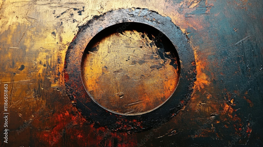 Poster textured metallic plate with a circular stain showcasing intersecting patterns and vibrant colors in