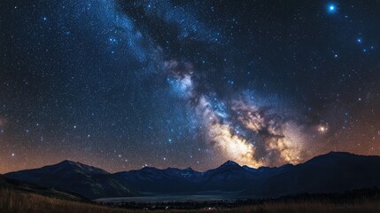 Fototapeta premium Majestic Milky Way galaxy illuminated against a serene night sky over mountainous landscape with twinkling stars and tranquil scenery