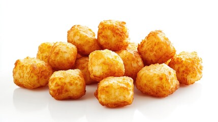 Crispy golden tater tots arranged in a delightful pile on a clean white background showcasing a tempting snack perfect for sharing