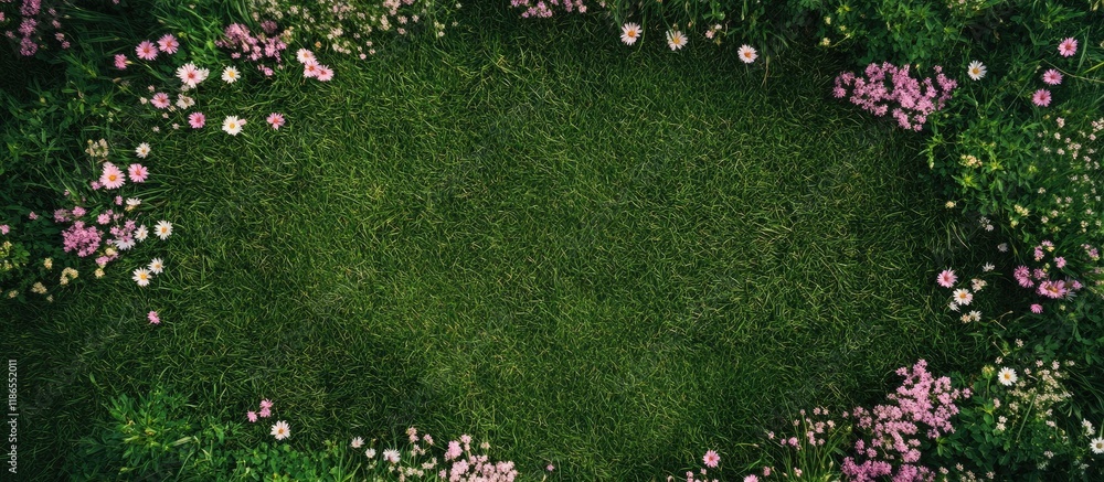 Poster top down view of manicured grass and colorful flower seeds creating a vibrant natural frame with amp
