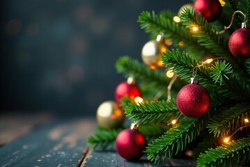 Fototapeta premium Decorative evergreen branches with sparkling ornaments and fairy lights on a soft focus background, , twinkling lights, Christmas garland