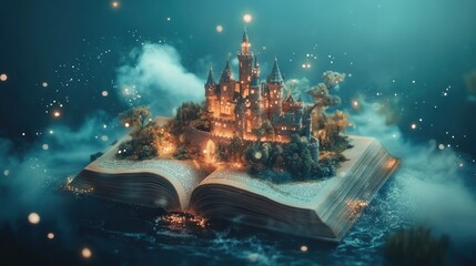Obraz premium Enchanting castle emerging from an open book, surrounded by magical lights and mist.