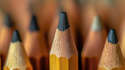 Close-up of sharpened yellow pencils with blurred background highlighting stationery supplies emphasizing the concept of education and creativity