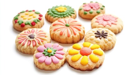 Decorative cookies with colorful icing arranged on a white background for a sweet and vibrant presentation.