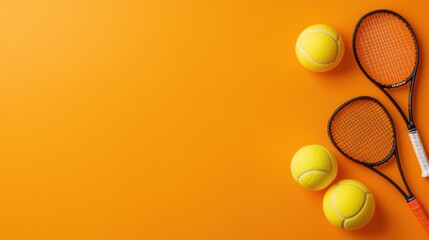 Tennis Equipment on Orange Background with Tennis Balls and Rackets