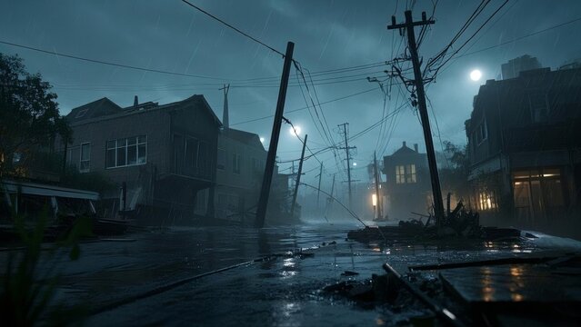 Damaged electrical infrastructure with fallen power lines, illustrating the impact of severe weather or natural disasters on essential services and public safety.