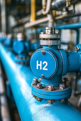 Close up of blue hydrogen gas pipelines in industrial area generated.AI