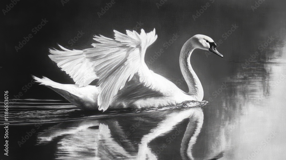 Poster graceful swan gliding over still water creating a serene reflection and captivating shadow in a tran