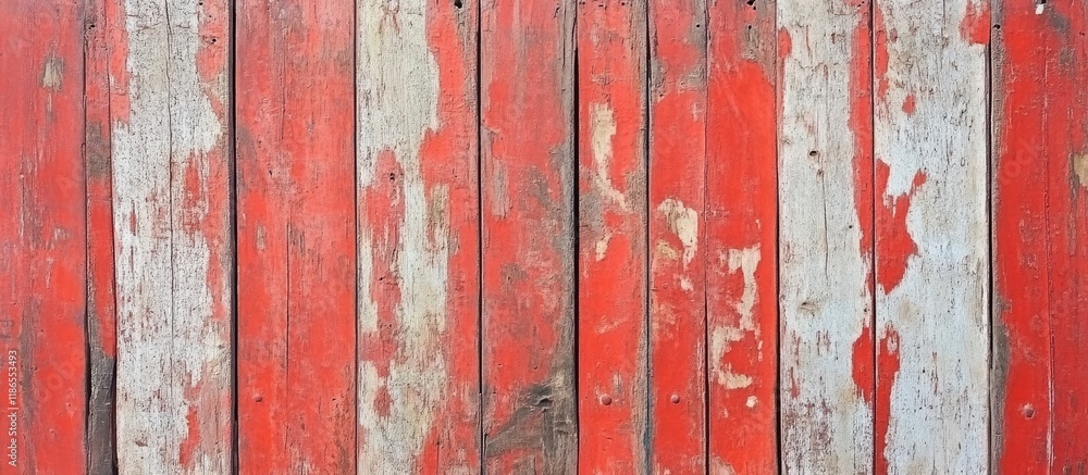 Poster vintage wooden wall texture with red and grey paint peeling, perfect for creating a rustic backdrop 