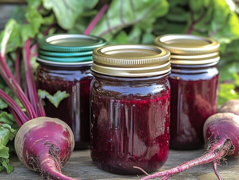 Jars of homemade beetroot jam surrounded by fresh beets in a rustic setting, showcasing vibrant colors and natural ingredients during the harvest season - Powered by Adobe