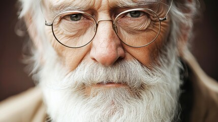 Elderly man with distinguished beard and glasses exudes wisdom and experience against a neutral backdrop in a thoughtful gaze
