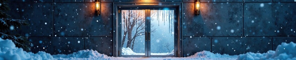 Snowflake-like icicles suspended above a metal door entrance, suspended, snowflake, entrance