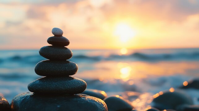 Stress Relief through Mindfulness and Relaxation Techniques at Sunset on Tranquil Beach with Balanced Stones