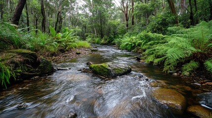 Lush forest landscape with flowing stream and greenery evoking tranquility and positive energy in nature.