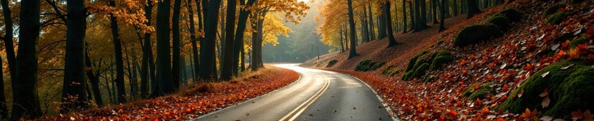 Obraz premium A winding road through a forest with fallen trees and leaves, leaves, forest, landscape