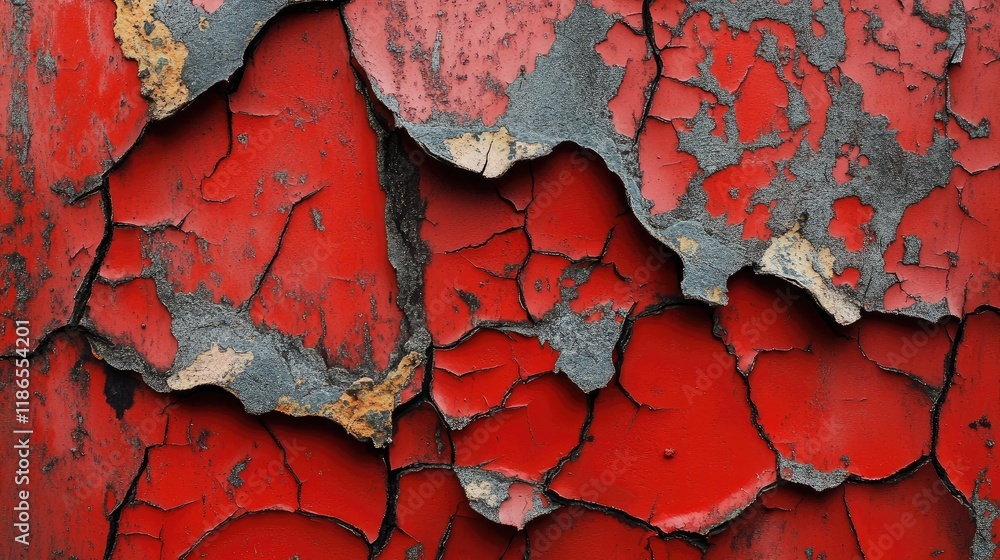 Poster cracked red paint texture revealing underlying layers and weathered surface patterns