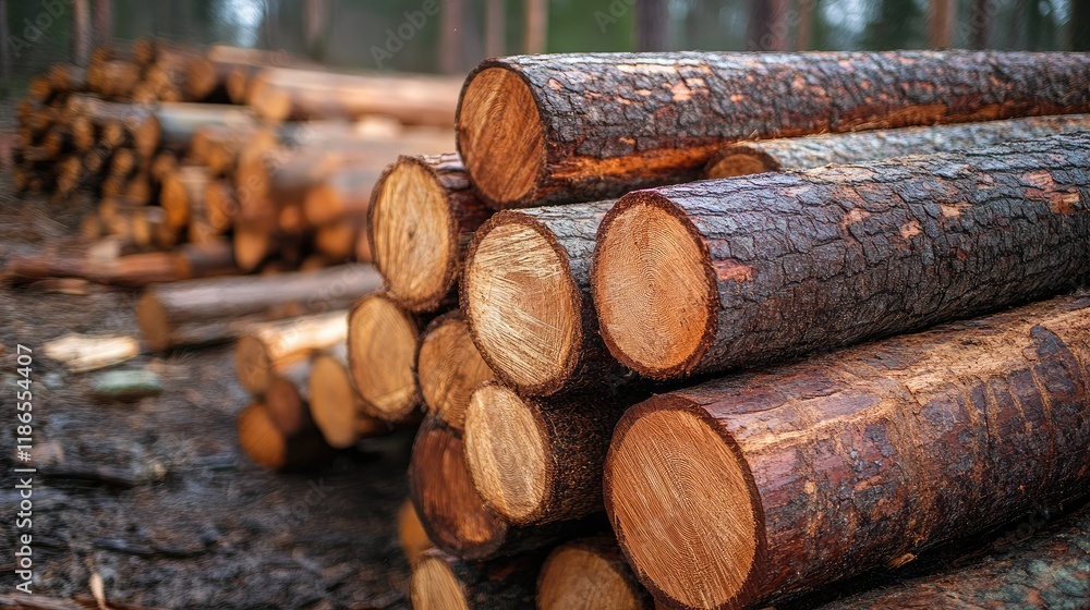 Poster timber production stacked logs in a logging site showcasing the timber industry and raw lumber prepa