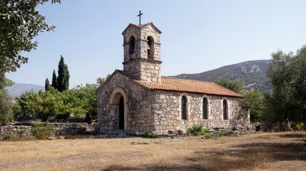 Fototapeta premium Stone church of Saint Athanasios in a serene village setting surrounded by olive trees and mountains under a clear blue sky.