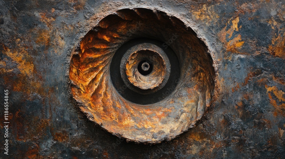 Poster rusty steel coil with intricate patterns and textures showcasing a unique industrial design in shade