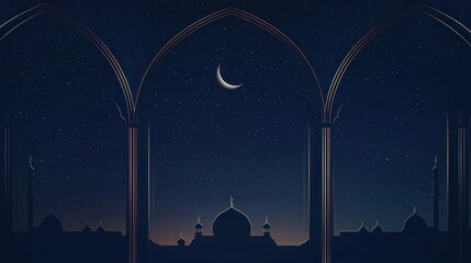 Naklejka premium Night scene with crescent moon and arches.