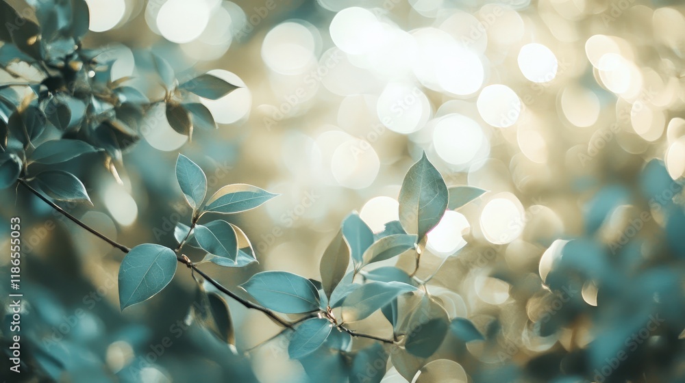 Poster soft blurred green background with bokeh effect showcasing defocused leaves and light rays for a tra