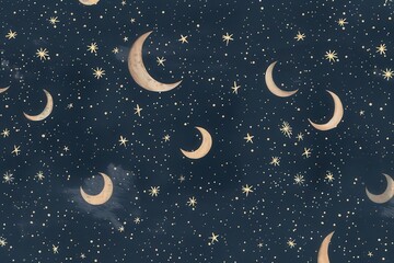 Fototapeta premium A starry night sky filled with crescent moons and twinkling stars, creating a dreamy atmosphere.