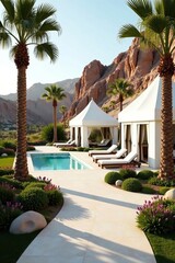 Majestic white terraces nestled among palm trees, Desert oasis, Serenity, Glamping hotel